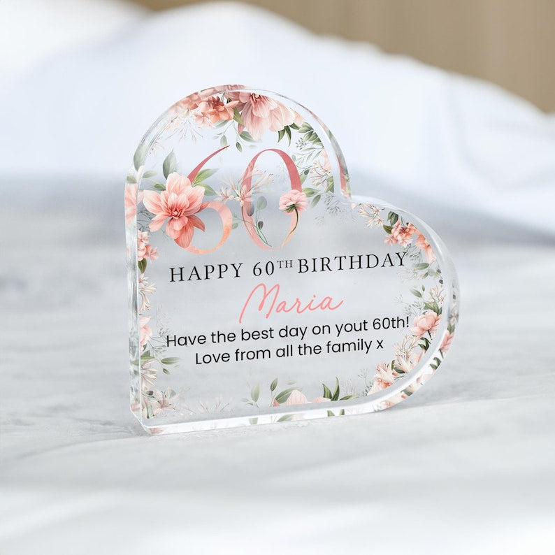 Personalised Happy 60th Birthday Gift Plaque, Floral Birthday Gift For Her, Heart Plaque, 60th Birthday Gifts, Pink 60th Gift, Gifts for Her