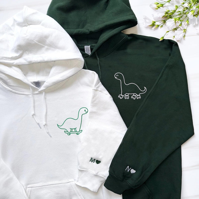 Dinosaur Skaters Sweatshirt, Matching Dinosaur Hoodies, Dinosaur Hoodies, Embroidered Personalized Hoodies For Couples, Couples Gift