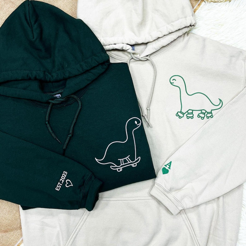 Dinosaur Skaters Sweatshirt, Matching Dinosaur Hoodies, Dinosaur Hoodies, Embroidered Personalized Hoodies For Couples, Couples Gift