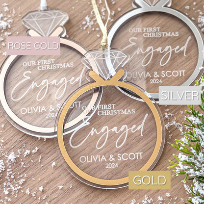 First Christmas Engaged Ornament, Personalized Acrylic Engagement Ring Christmas Ornament, 2024, Newly Engaged Gift, Engagement Gift