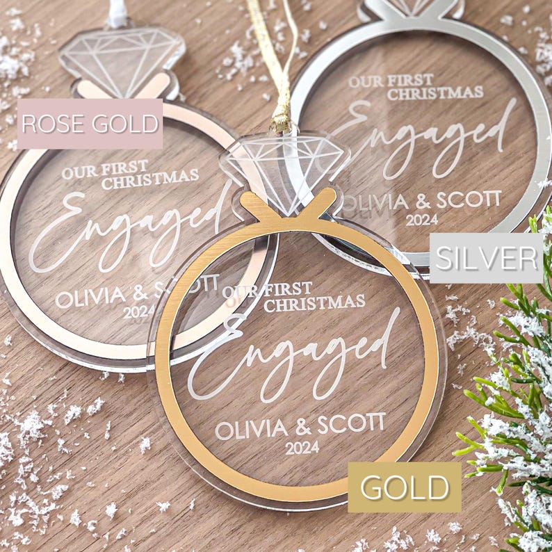 First Christmas Engaged Ornament, Personalized Acrylic Engagement Ring Christmas Ornament, 2024, Newly Engaged Gift, Engagement Gift