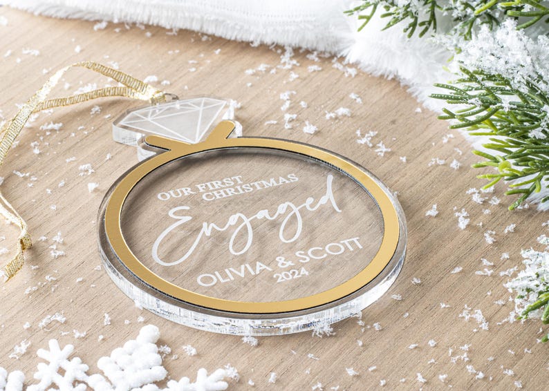 First Christmas Engaged Ornament, Personalized Acrylic Engagement Ring Christmas Ornament, 2024, Newly Engaged Gift, Engagement Gift