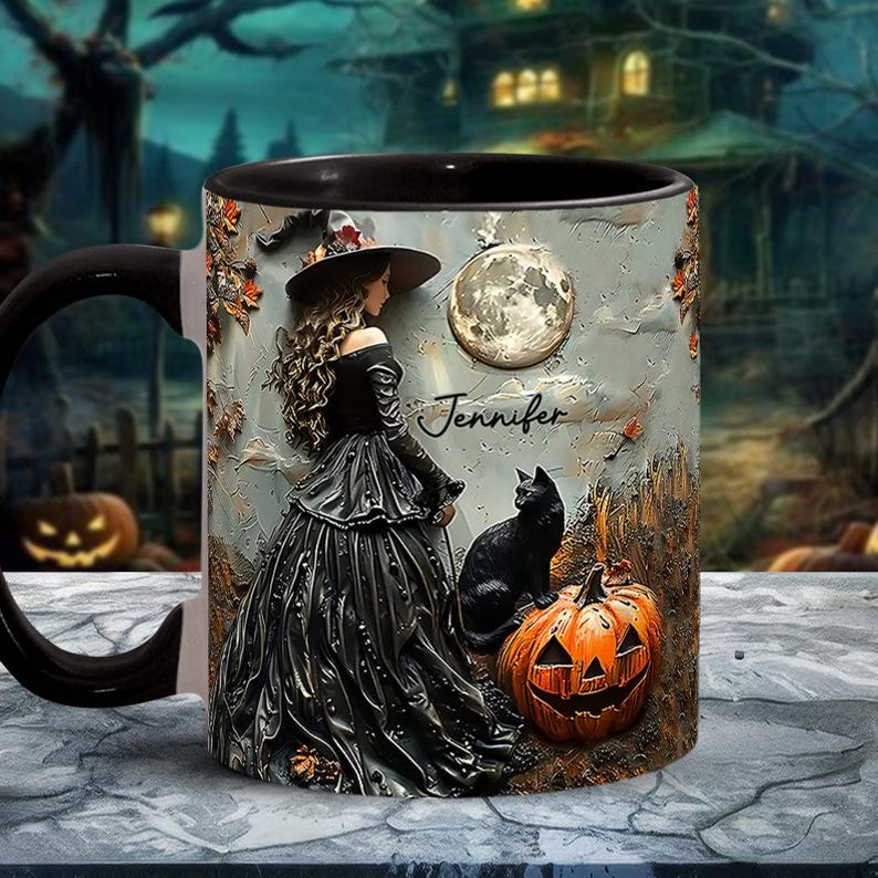 Custom Beautiful Witch Halloween Accent Mug, Personalized Wiccan Coffee Cup Oil Paint Effect Witchy Gifts Witchcraft Teacup Gift for Pagan