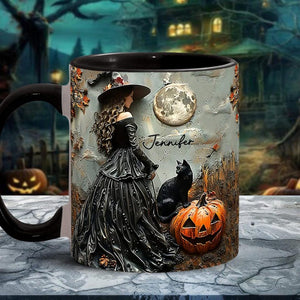 Custom Beautiful Witch Halloween Accent Mug, Personalized Wiccan Coffee Cup Oil Paint Effect Witchy Gifts Witchcraft Teacup Gift for Pagan