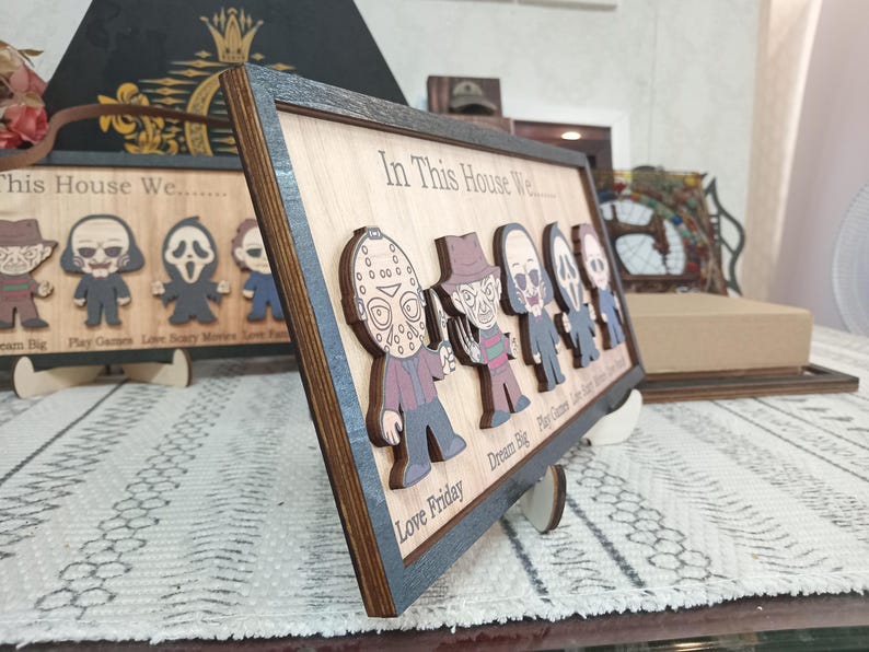 In This House We Horror Character Halloween Frame Wood Sign Home Decoration, Gift for Father's Day, Halloween Gift Idea