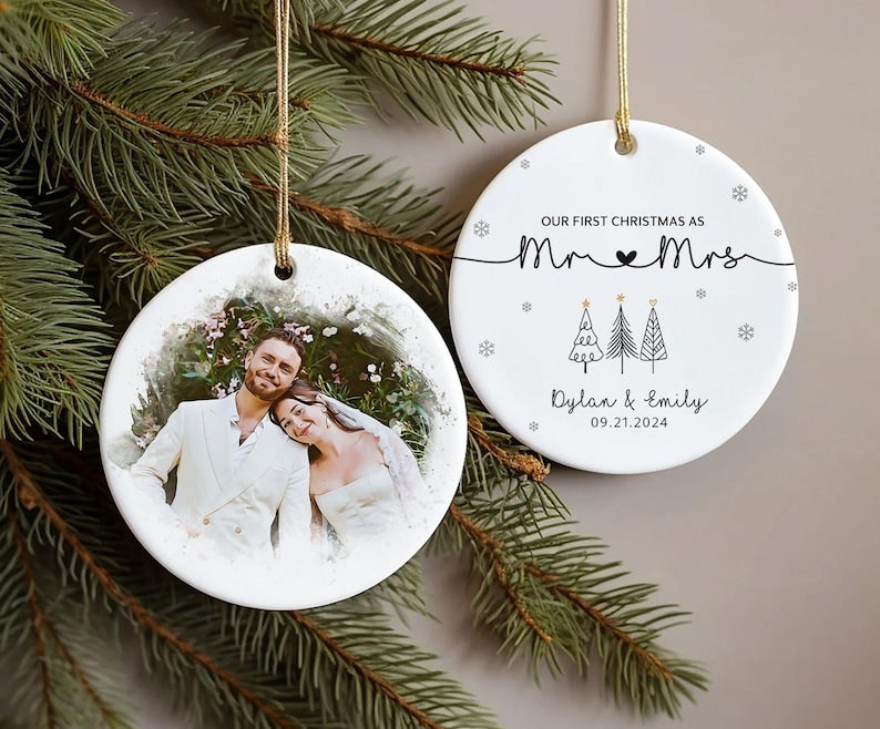 Custom Married Ornament,Personalized Wedding Gift,Anniversary Newlywed Gift,Our First Christmas As Mr & Mrs,First Christmas Married Ornament