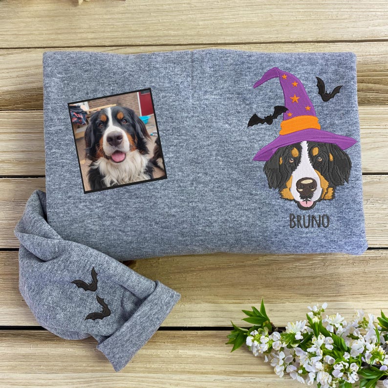 Dog Halloween Embroidered Sweatshirt, Custom Pet Portrait Hoodie, Halloween Dog Hoodie, Personalised Dog Gifts, Halloween Gifts For Girlfriend
