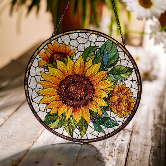 Sunflower Glass Suncatcher Floral Pendant Window Wall, Sunflower glass hanging plant suncatcher window decor, Sunflower Suncatcher
