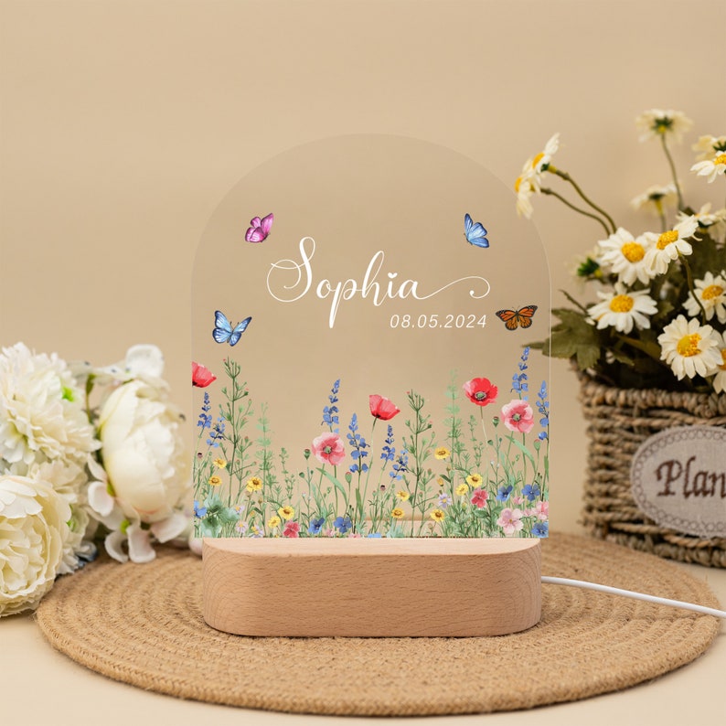 Personalized Name Night Lamp with Wildflower, Custom Baby Bedroom Led Lamp, Baby Shower Gift, Birthday Gift for Kids, Newborn Chirstmas Gift