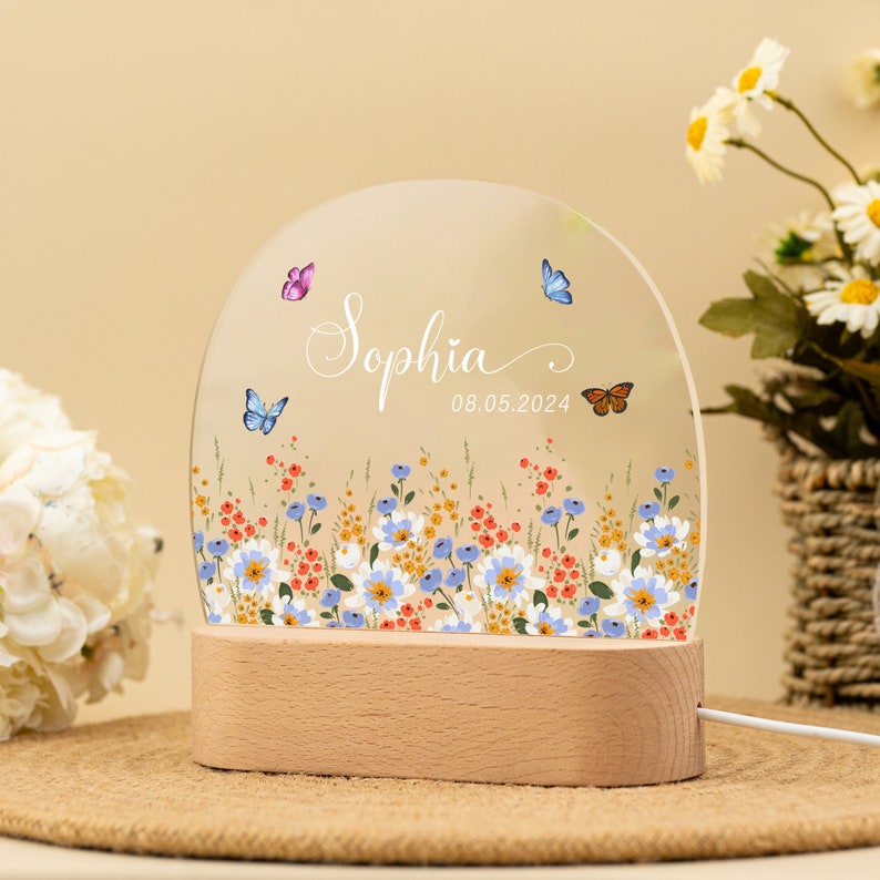 Personalized Name Night Lamp with Wildflower, Custom Baby Bedroom Led Lamp, Baby Shower Gift, Birthday Gift for Kids, Newborn Chirstmas Gift