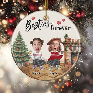 Besties Forever Upload Photo Christmas Vibe Personalized Circle Ceramic Ornament Gift for Besties Sisters, Best Friend, Friendship Gift