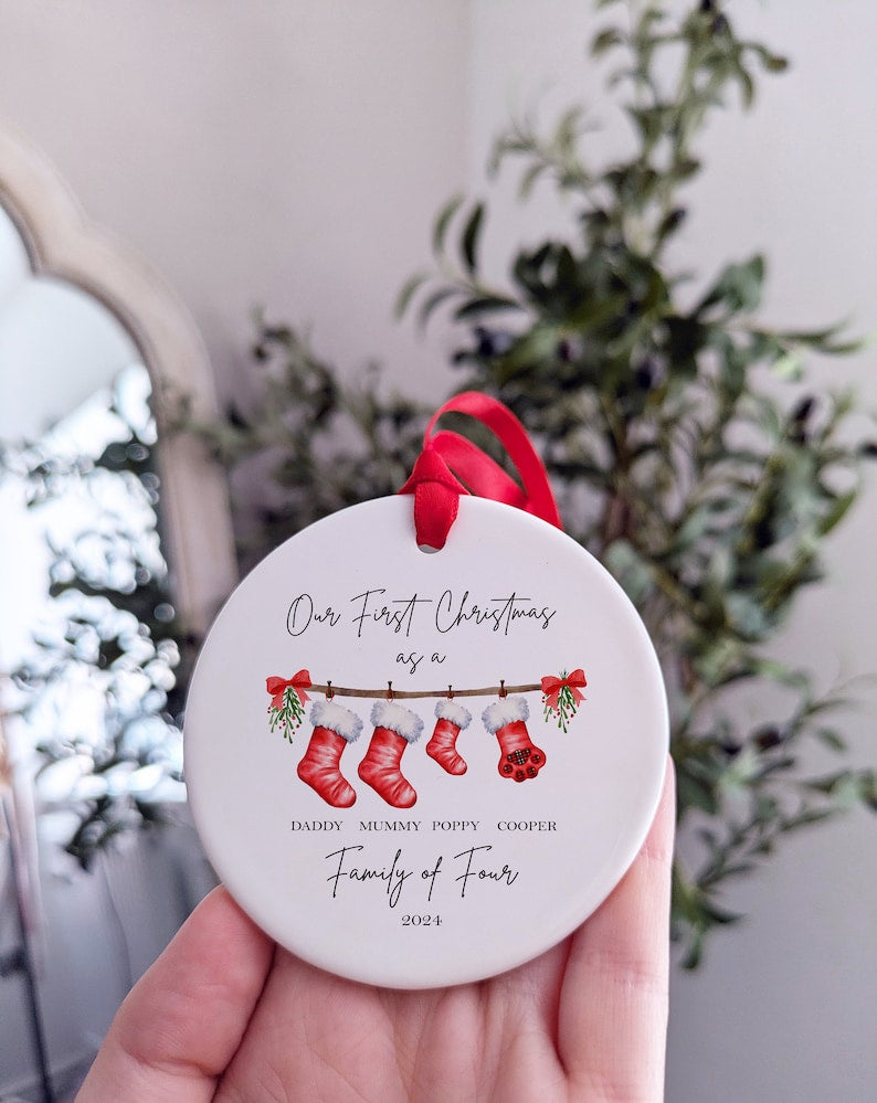 Personalised First Christmas as a Family of 4 Bauble, Baby First Christmas Tree Ornament, 1st Xmas Ornament