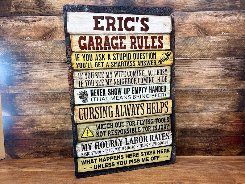 Garage Rules Sign, Personalized Workshop Rules, Funny Shop Decor, Gift for Him