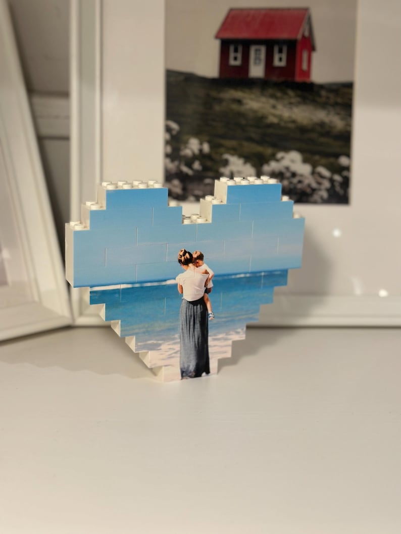 Medium Heart Photo Block made from, Bricks, Personalised, WHITE, Building Block, Puzzle, Gift, Dad, Birthday, Anniversary, Fathers Day