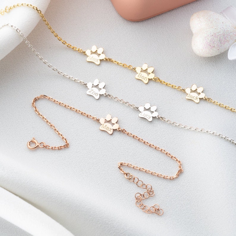Sterling Silver Paw Print Bracelet Personalized Dog Paw Bracelet Gold Tiny Paw Bracelet Paw Name Bracelet Custom Pet Bracelet Dog Lover Gift