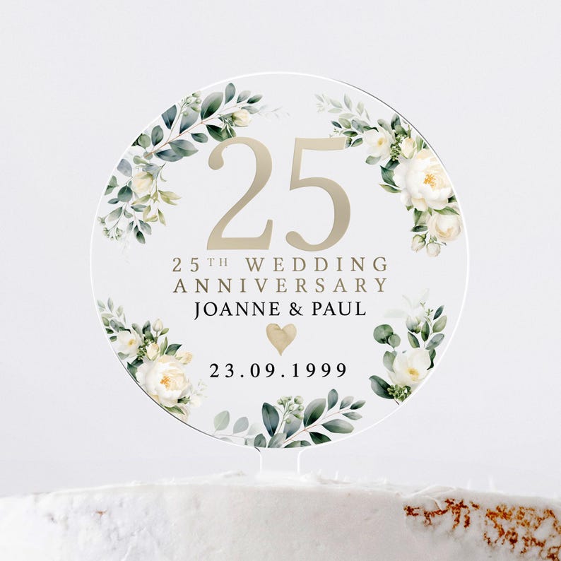 Personalised Anniversary Cake Topper, Ivory Floral Anniversary Cake Topper, 20th 25th 30th 40th 50th 60th Cake Topper, Cake Decorations