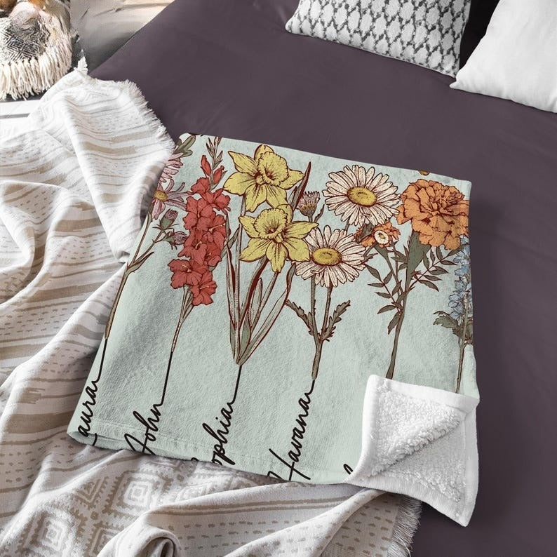 Personalized Grandmas Garden Blanket, Grandma Love Grows Here Blanket, Birth Month Flowers With Family Names Gift, Mother's Day Gift