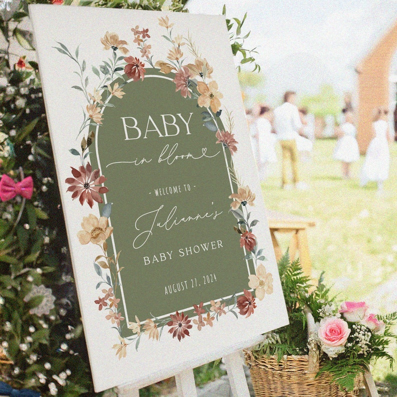 Baby In Bloom Baby Shower Sign, Sage Baby Shower Welcome Sign, Wildflowers Baby Shower Decorations FramedFablesStore