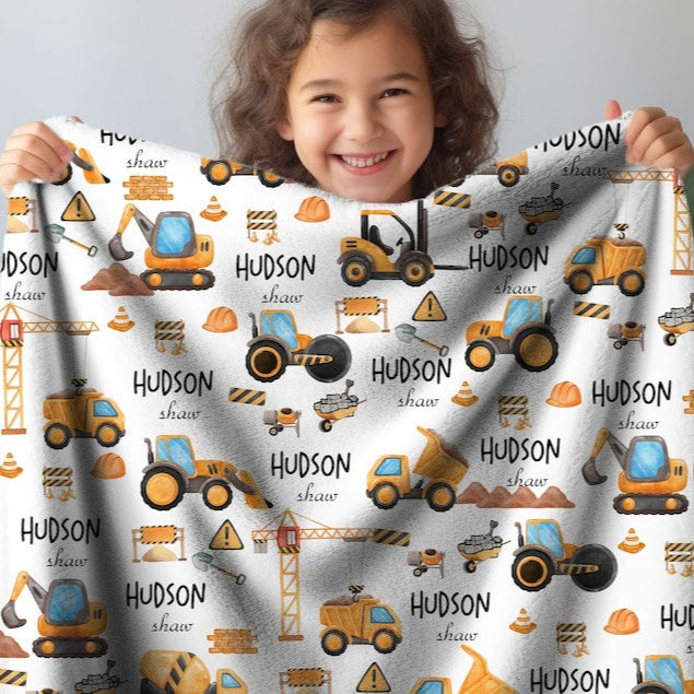 Construction Truck Baby Name Blanket, Custom Baby Boy Nursery Decor, Dump Truck Tractor Excavator Theme Blanket, Personal Baby Shower Gift