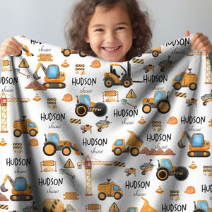 Construction Truck Baby Name Blanket, Custom Baby Boy Nursery Decor, Dump Truck Tractor Excavator Theme Blanket, Personal Baby Shower Gift