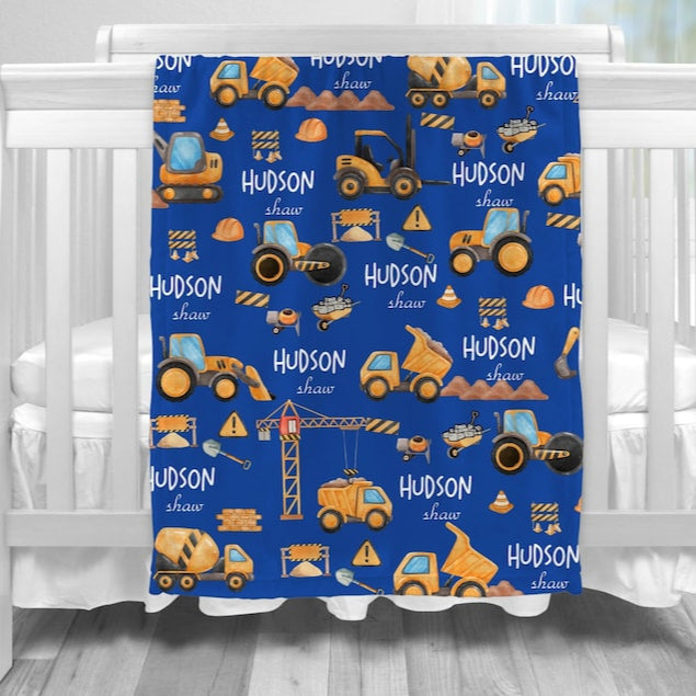 Construction Truck Baby Name Blanket, Custom Baby Boy Nursery Decor, Dump Truck Tractor Excavator Theme Blanket, Personal Baby Shower Gift