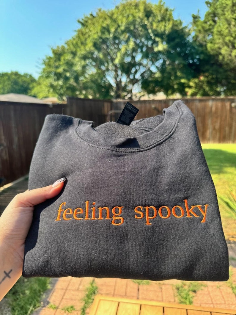 Feeling Spooky, Embroidered Crewneck, Cute Fall Tee, Sweater Weather, Spooky Season, Salem Witch, Embroidery, Gift for her, Minimalistic il_794xN.6229651133_imxs.jpg