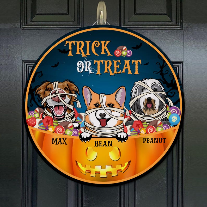 Personalized Halloween Door Hanger, Trick or Treat Front Door Decor, Dog Halloween Wooden Door Hanger, Trick or Treat Door Sign