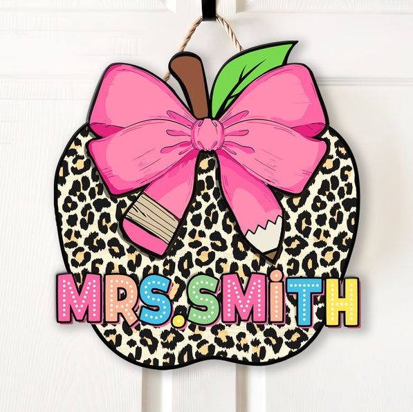 Personalized Teacher Door Sign, Apple Name Sign, Classroom Decor, Custom Name Teacher Door Hanger, Teacher Door Sign Back To School