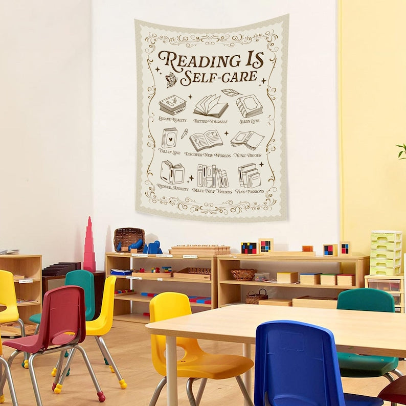 Reading Is Self Care Classroom Decor, Book Lover Gift, Classroom Tapestry, Groovy Classroom Banner,Reading Teacher Gift,Teacher Appreciation