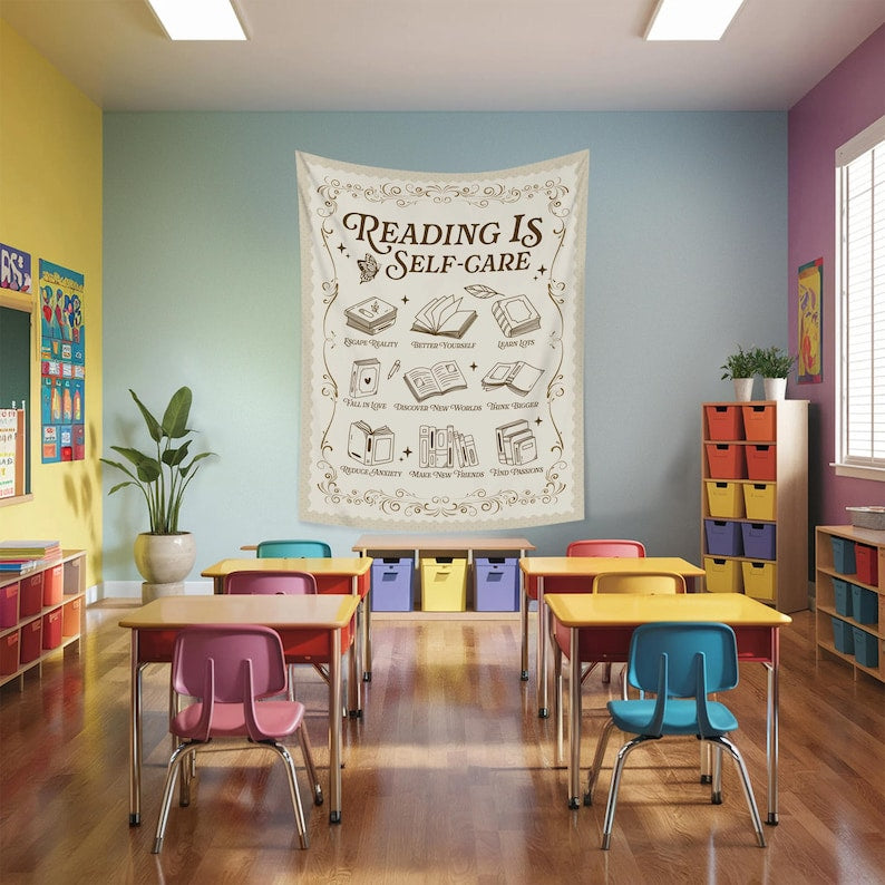 Reading Is Self Care Classroom Decor, Book Lover Gift, Classroom Tapestry, Groovy Classroom Banner,Reading Teacher Gift,Teacher Appreciation