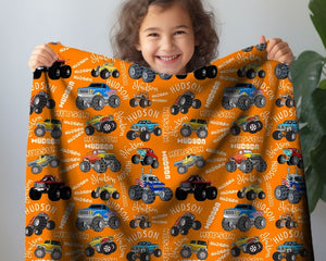 Personalized Monster Trucks Blanket, Birthday Gift for Baby Boys, Custom Gift for Newborn Baby, Baby Boy Bedding Gift, Toddler Boy Blanket