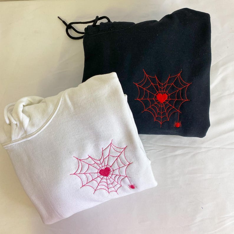 Halloween Embroidery Couple Sweatshirt, Spiderweb Heart Embroidery Shirt, Matching Couple Hoodie, Spooky Season, Halloween Gift for Him Her