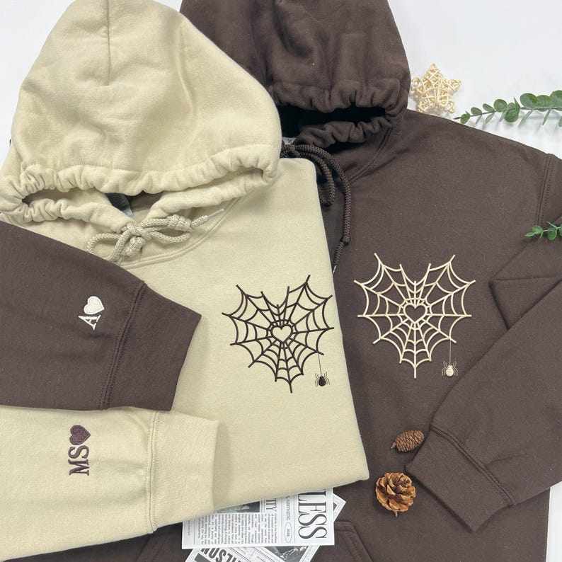Halloween Embroidery Couple Sweatshirt, Spiderweb Heart Embroidery Shirt, Matching Couple Hoodie, Spooky Season, Halloween Gift for Him Her