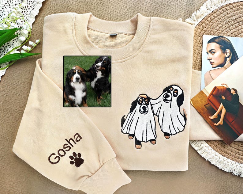 Custom Cat Embroidered Sweatshirt Ghost Cat Dog,Embroidered Sweatshirt,Embroidered Halloween Cute Ghost Pet,Crewneck Fall Sweatshirt