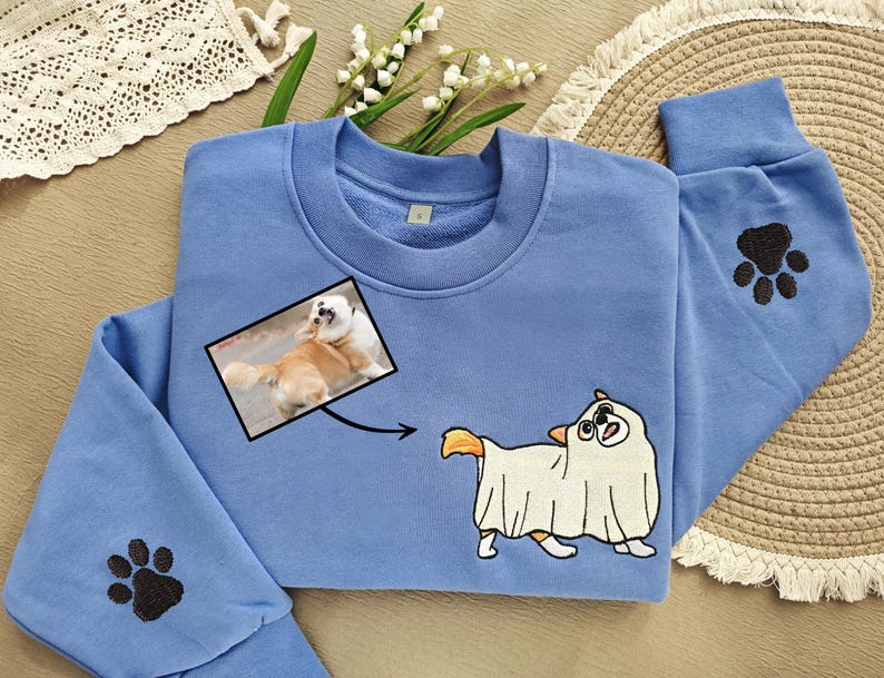 Custom Cat Embroidered Sweatshirt Ghost Cat Dog,Embroidered Sweatshirt,Embroidered Halloween Cute Ghost Pet,Crewneck Fall Sweatshirt