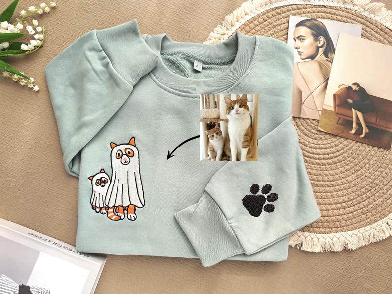 Custom Cat Embroidered Sweatshirt Ghost Cat Dog,Embroidered Sweatshirt,Embroidered Halloween Cute Ghost Pet,Crewneck Fall Sweatshirt