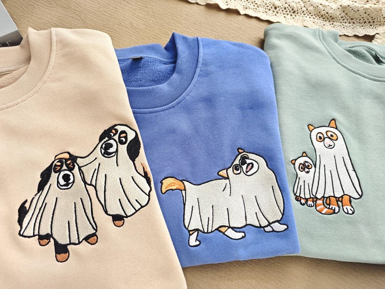 Custom Cat Embroidered Sweatshirt Ghost Cat Dog,Embroidered Sweatshirt,Embroidered Halloween Cute Ghost Pet,Crewneck Fall Sweatshirt