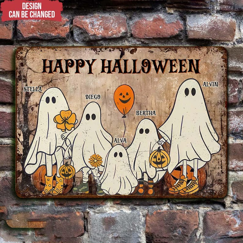 Custom Happy Halloween Ghost Family - Personalized Metal Sign, Halloween Gift For Family, Halloween Decor, Halloween Family Yard Sign