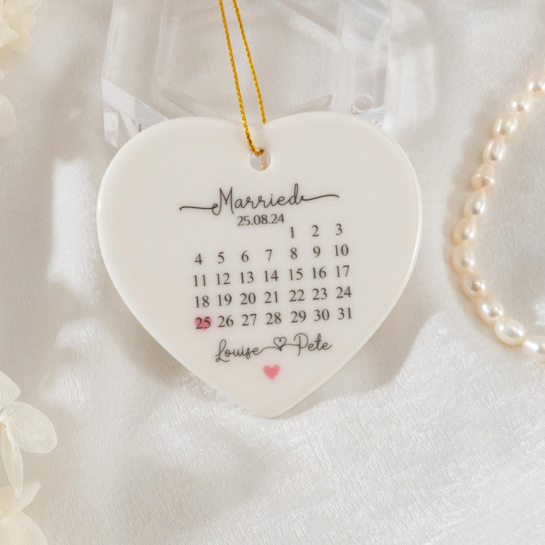 Personalised Married Calendar Date Ceramic Bauble, Wedding Day Keepsake, Married Calendar Date, Heart Ornament for Couples