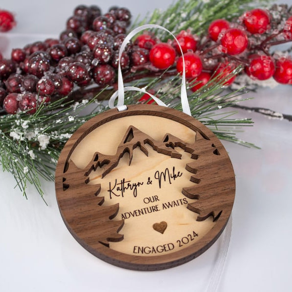 Engagement Ornament Personalized Couples Wooden Engraved Decorations Gifts for Fiance Our First Christmas Engaged Married Mountains Trees