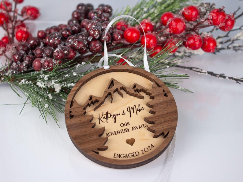 Engagement Ornament Personalized Couples Wooden Engraved Decorations Gifts for Fiance Our First Christmas Engaged Married Mountains Trees