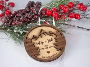 Engagement Ornament Personalized Couples Wooden Engraved Decorations Gifts for Fiance Our First Christmas Engaged Married Mountains Trees