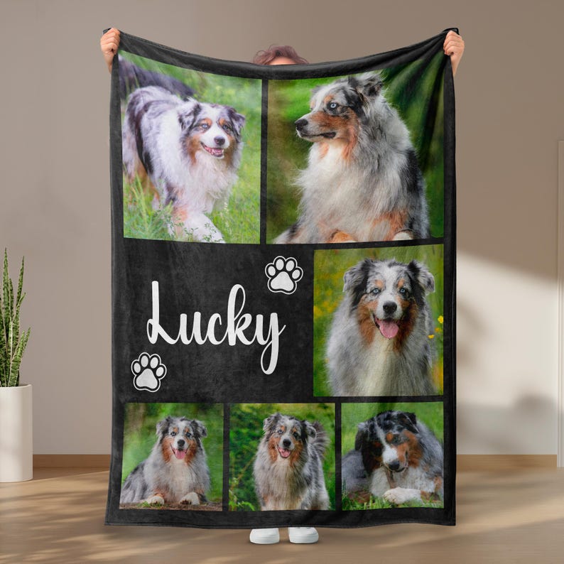 Dog Cat Picture Bedding Blanket With Text, Customized Name Photo Blanket Collage, Memorial Pet Face Loss Keepsake Gift