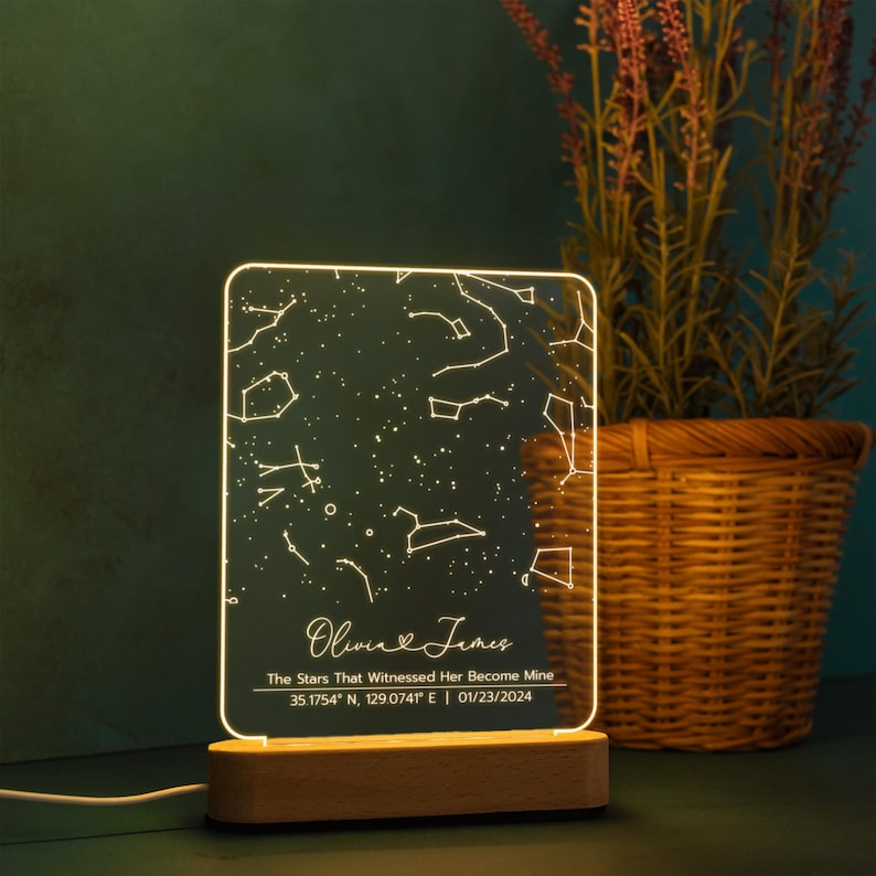 Personalized Star Map Night Light - Custom Constellation Map By Date - Night Sky Keepsake - Engagement Gift For Him And Her