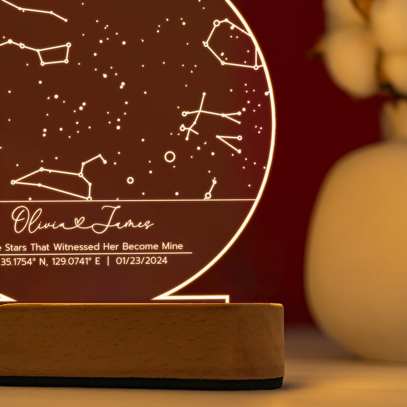 Personalized Star Map Night Light - Custom Constellation Map By Date - Night Sky Keepsake - Engagement Gift For Him And Her