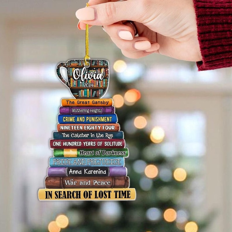 Coffee And Book Personalized Christmas Book Tree Name Ornament, Custom Bookish Ornament Book Lover Gift Bookworm Gifts Book Club Ornament, Librarian Gift