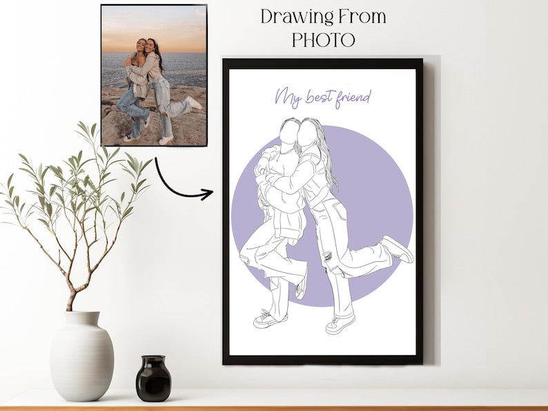 Custom Line Drawing from Photo - Personalized Couple Portrait & Gift for Boyfriend, Last Minute Birthday Gift for Him, Couple Line Art