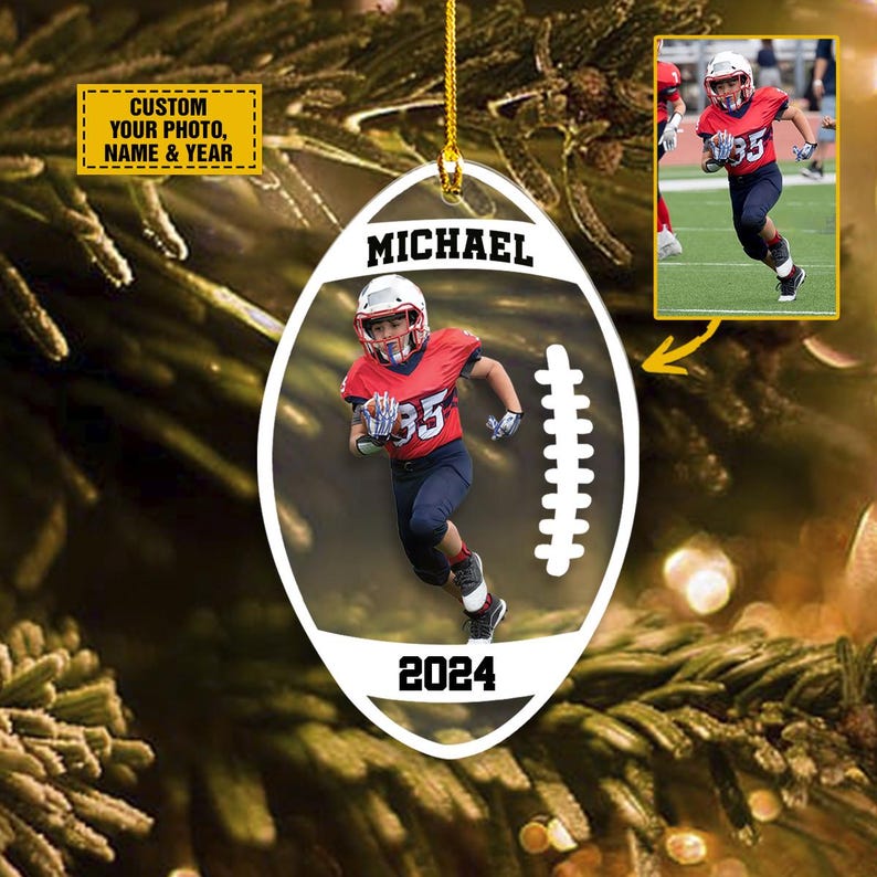 Personalized Football Christmas 2024 Ornament, Custom Photo Football Ornament, Holiday Decors, Xmas Gift, Custom Name and Year, 2D Flat