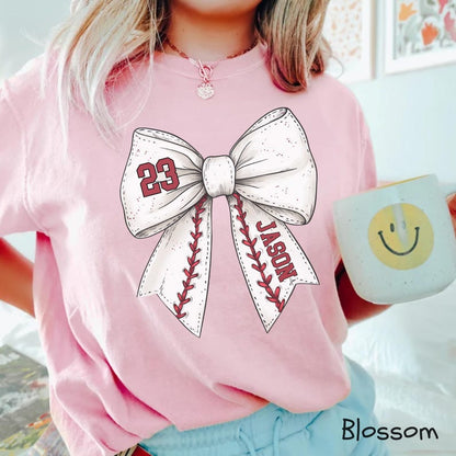 Custom Baseball Bow Shirt, Baseball Mom Shirt With Kids Name & Jersey Number, Baseball Wife shirt, Cute Baseball Mama Shirt, Baseball Season