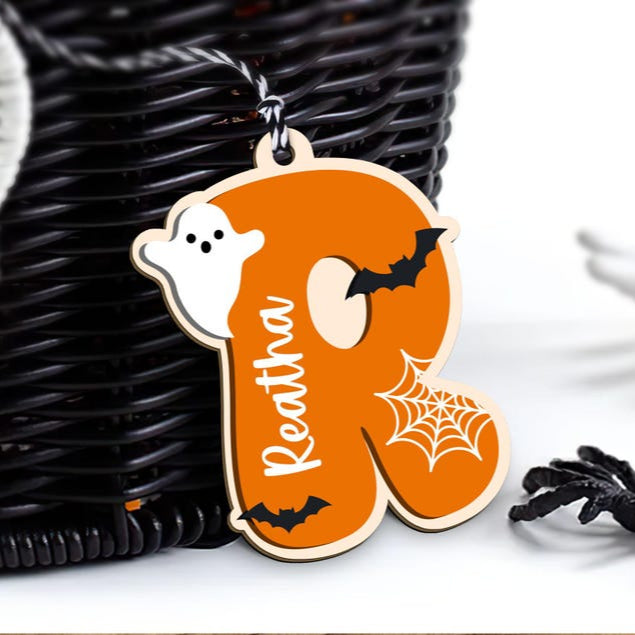 Custom Initial Name Halloween Tag with Kids Name, Spooky NameTag, Bucket Name Tag for Kids, Boo Basket Tag, 3D Wooden Tag
